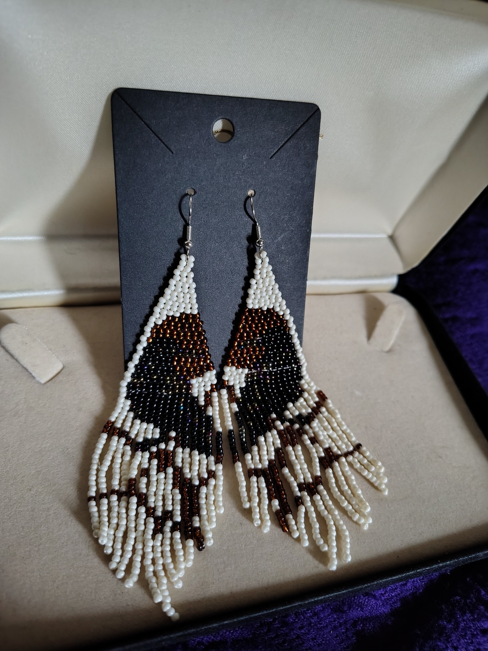 🐦⬛New Handmade Seed Bead Fringe Statement Earrings - Earthy Abstract Crow 🐦⬛